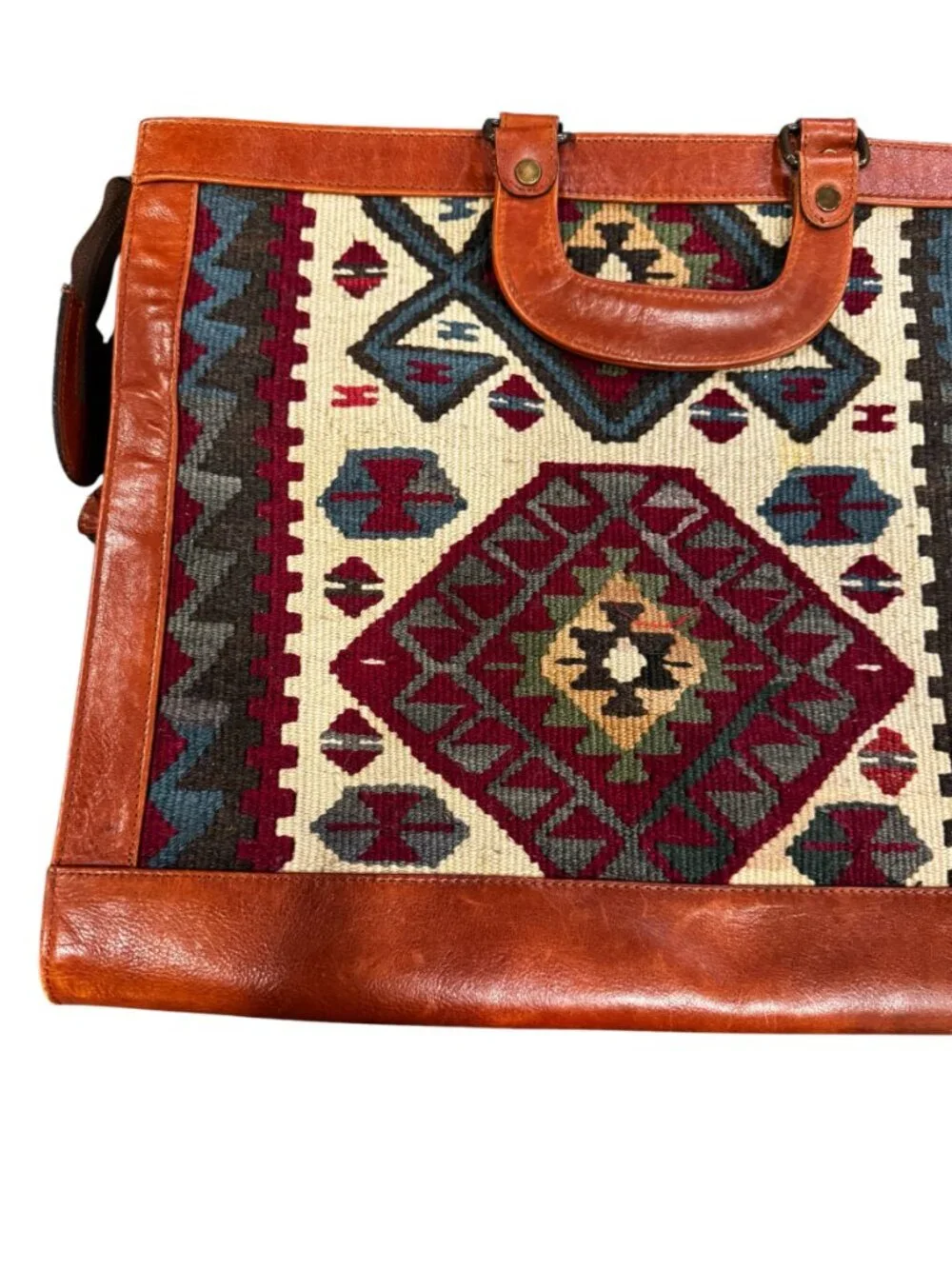 Vintage Kilim Leather Briefcase Bag Wool Southwest Boho Tote Mexico